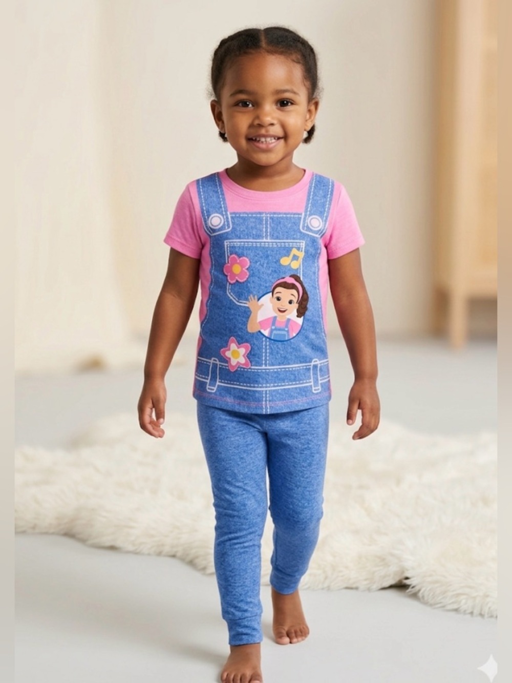 Girls Ms Rachel Pink Tee with Blue Overalls Print & Blue Leggings size 4